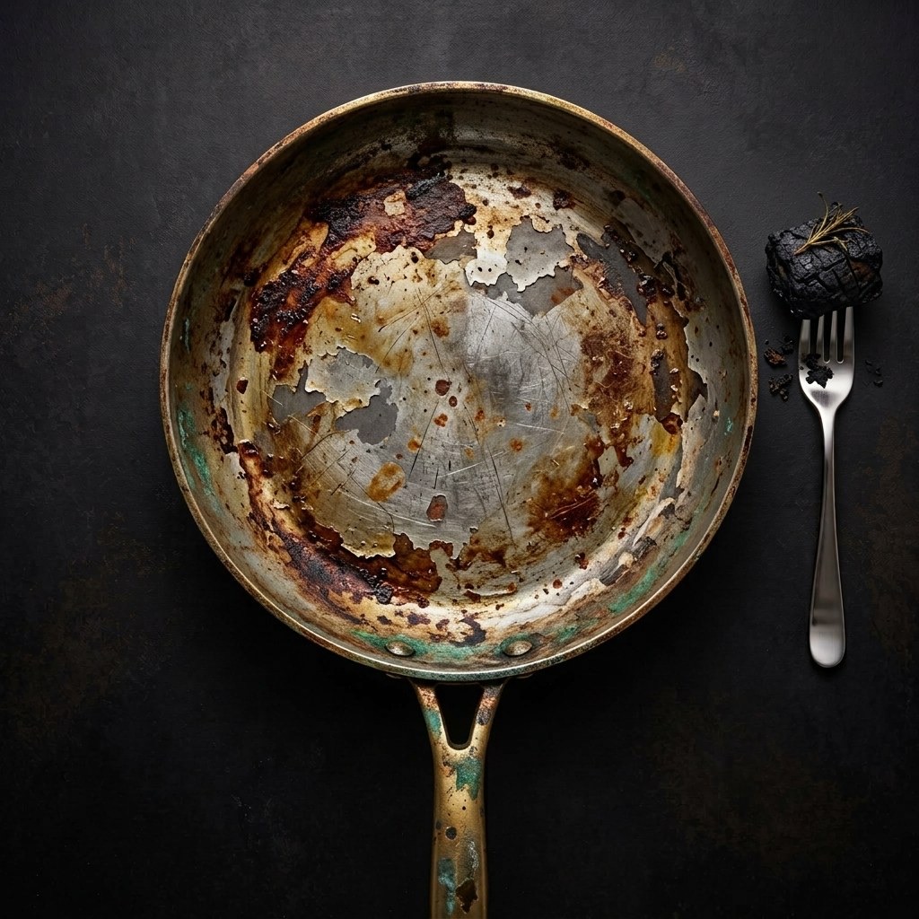 A worn, burnt-out ordinary non-stick pan, seen from above